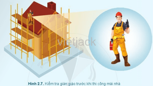 Người công nhân A đang đi kiểm tra giàn giáo trước khi thi công mái nhà