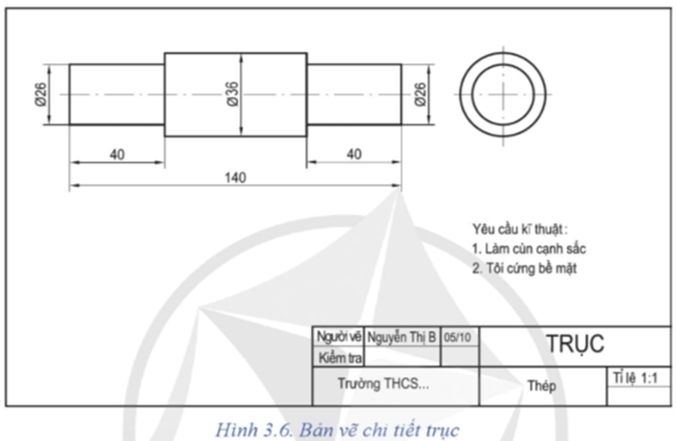 Đọc bản vẽ chi tiết trục Hình 3.6 theo trình tự như các bước ở Bảng 3.1