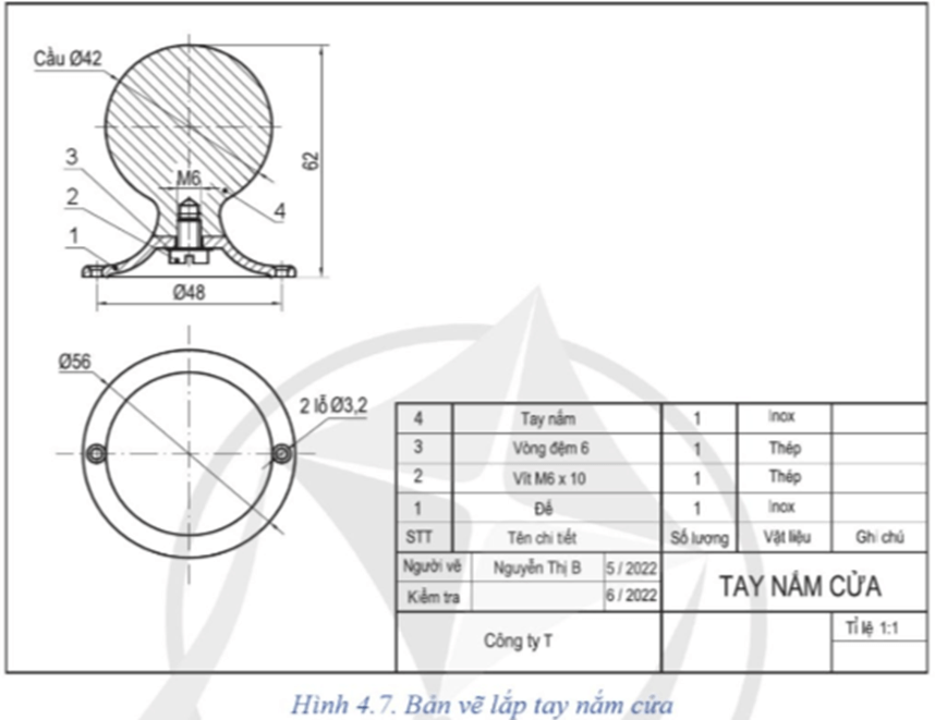 Đọc bản vẽ lắp Hình 4.7 theo trình tự các bước ở Bảng 4.1