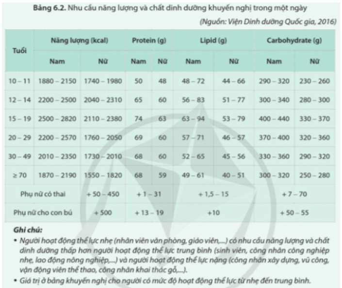 Quan sát bảng 6.2 và cho biết sự khác nhau về nhu cầu năng lượng và các chất dinh dưỡng ở các độ tuổi, giới tính, tình trạng mang thai và hoạt động thể lực