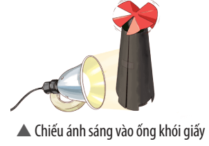 Một mô hình ống khói được gấp bằng giấy màu đen, phía trên có gắn một cái chong chóng