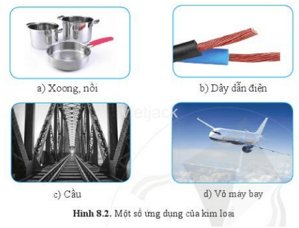 Quan sát hình 8.2, nêu một số ứng dụng của kim loại. Cho biết ứng dụng đó