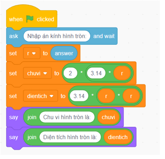 Tạo chương trình Scratch tính chu vi diện tích hình tròn