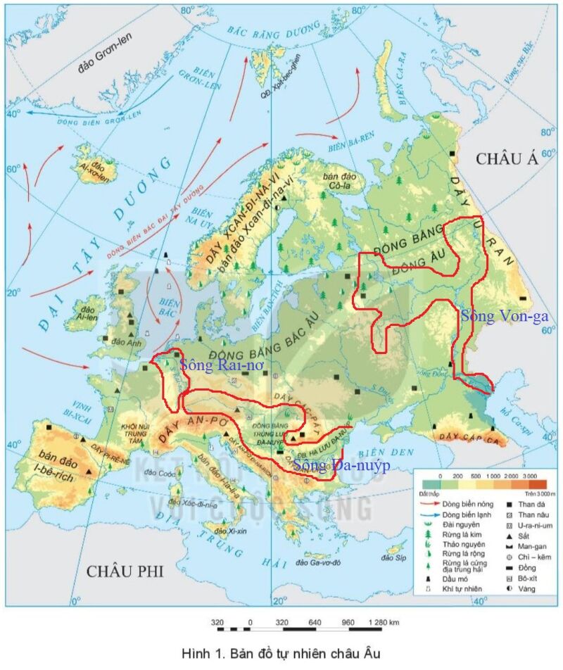 Hãy xác định vị trí các con sông: Von-ga, Đa-nuýp, Rai-nơ trên bản đồ hình 1 (ảnh 2)