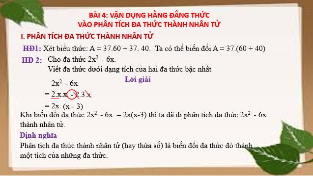 Giáo án điện tử Vận dụng hằng đẳng thức vào phân tích đa thức thành nhân tử | Bài giảng PPT Toán 8 Cánh diều (ảnh 1)