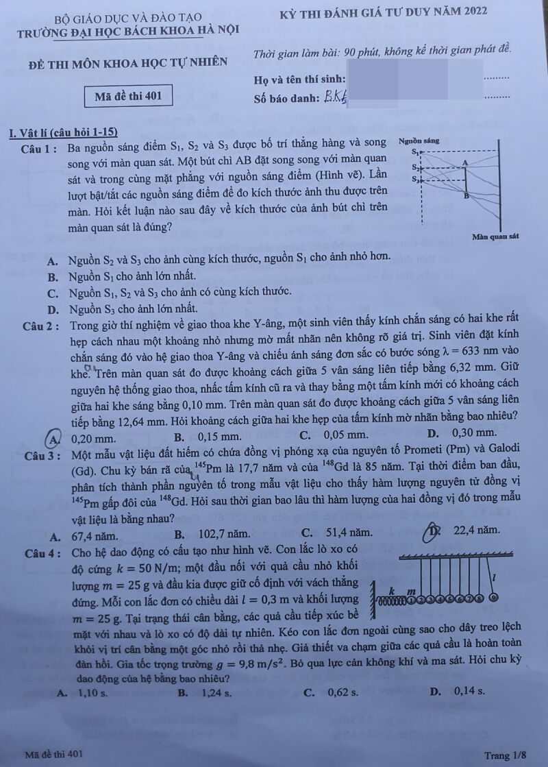 Đề thi đánh giá tư duy của ĐH Bách khoa Hà Nội 2022 (ảnh 1)
