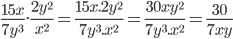 \frac{15x}{7y^3}.\frac{2y^2}{x^2}=\frac{15x.2y^2}{7y^3.x^2}=\frac{30xy^2}{7y^3.x^2}=\frac{30}{7xy}