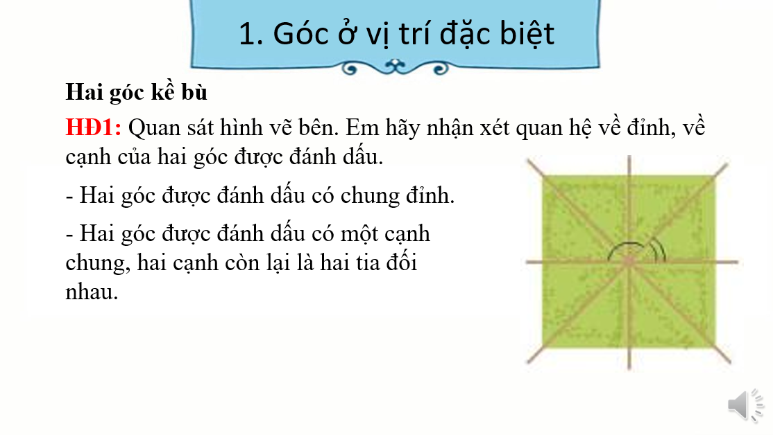 Giáo án điện tử Góc ở vị trí đặc biệt. Tia phân giác của một góc | Bài giảng PPT Toán 7 Kết nối tri thức (ảnh 1)