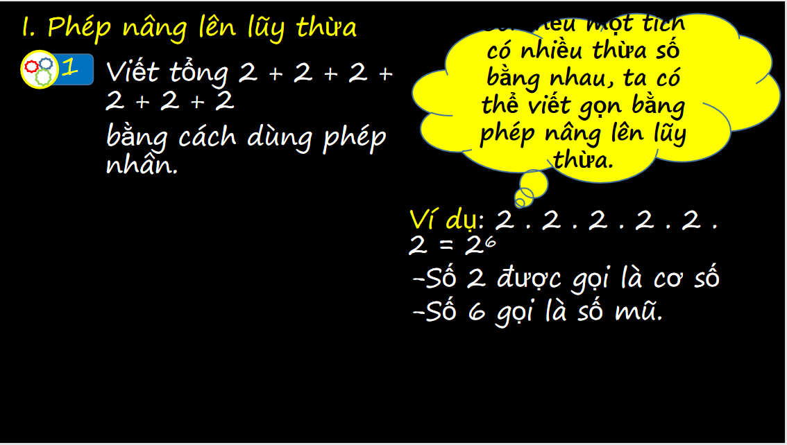 Giáo án điện tử Phép tính lũy thừa với số mũ tự nhiên | Bài giảng PPT Toán 6 (ảnh 1)