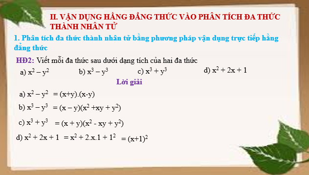 Giáo án điện tử Vận dụng hằng đẳng thức vào phân tích đa thức thành nhân tử | Bài giảng PPT Toán 8 Cánh diều (ảnh 1)