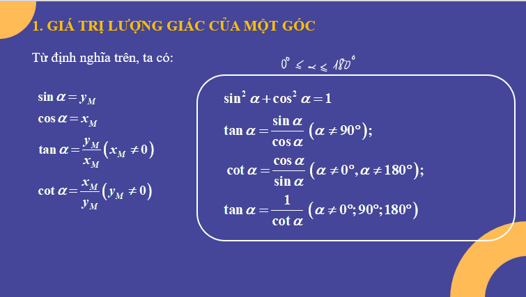 Giáo án điện tử Giá trị lượng giác của một góc từ 0 độ đến 180 độ | Bài giảng PPT Toán 10 Kết nối tri thức (ảnh 1)