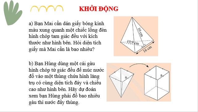 Giáo án điện tử Diện tích xung quanh và thể tích của hình chóp tam giác đều, hình chóp tứ giác đều | Bài giảng PPT Toán 8 Chân trời sáng tạo (ảnh 1)