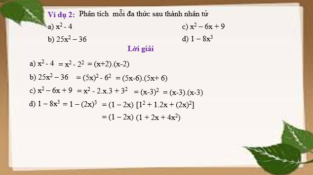 Giáo án điện tử Vận dụng hằng đẳng thức vào phân tích đa thức thành nhân tử | Bài giảng PPT Toán 8 Cánh diều (ảnh 1)