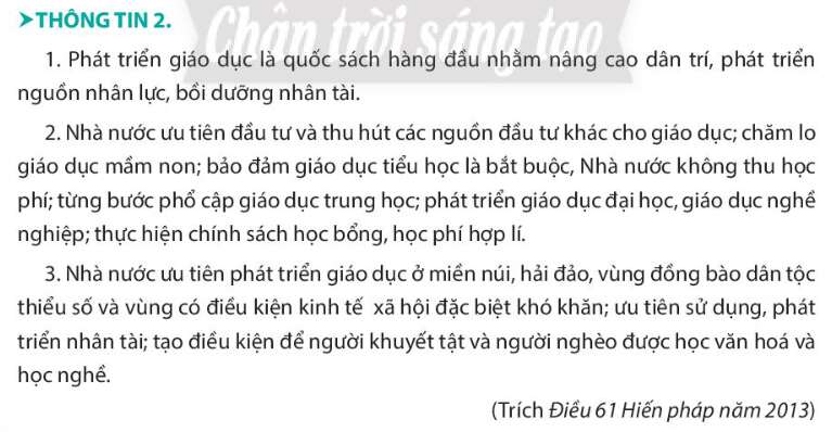 Pháp luật 10 Bài 23: Nội dung cơ bản của Hiến pháp nước Cộng hòa xã hội chủ nghĩa Việt Nam năm 2013 về kinh tế, văn hóa, giáo dục, khoa học, công nghệ và môi trường | Chân trời sáng tạo (ảnh 5)