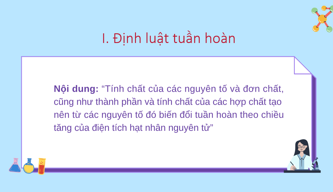 Giáo án điện tử Định luật tuần hoàn. Ý nghĩa của bảng tuần hoàn các nguyên tố hóa học  | Bài giảng PPT Hóa học 10 Kết nối tri thức (ảnh 1)