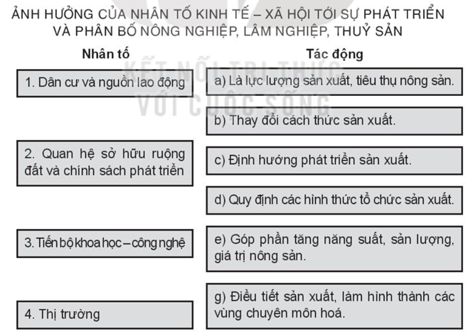 Sách bài tập Địa lí 10 Bài 23: Vai trò, đặc điểm, các nhân tố ảnh hưởng tới phát triển và phân bố nông nghiệp, lâm nghiệp, thủy sản - Kết nối tri thức (ảnh 1)