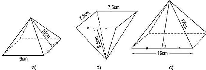 Tính diện tích xung quanh của các hình chóp tứ giác đều sau đây (ảnh 1)