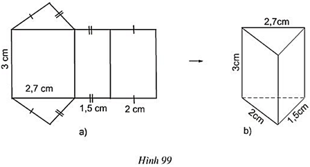 Vẽ theo hình 99a rồi cắt và gấp lại để được lăng trụ đứng như hình 99b (ảnh 1)