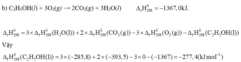 Phản ứng của 1 mol enthanol lỏng với oxygen xảy ra theo phương trình