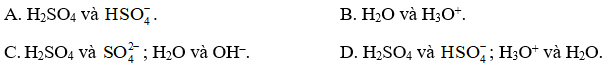 Cho phản ứng: H2SO4(aq) + H2O ⟶  HSO-4(aq) + H3O+(aq)