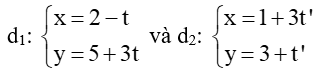 Tìm tọa độ giao điểm và góc giữa hai đường thẳng d1 và d2 trong mỗi trường hợp