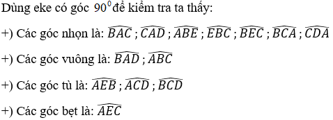 Hãy dùng ê ke để kiểm tra và cho biết góc nào là góc nhọn, góc vuông