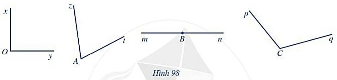 Đo các góc trong Hình 98 và chỉ ra góc nhọn, góc vuông, góc tù, góc bẹt