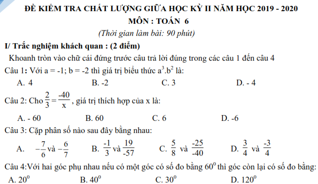 Bộ đề thi giữa học kì 2 Toán lớp 6 (ảnh 1)