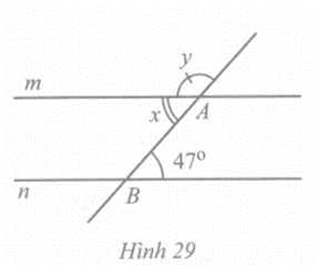Tìm các số đo x và y trong Hình 29, biết m song song n