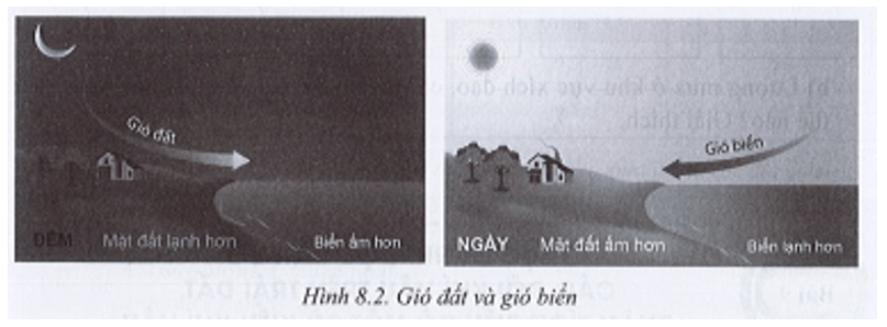 Quan sát hình sau: Cho biết nguyên nhân hình thành gió đất và gió biển?