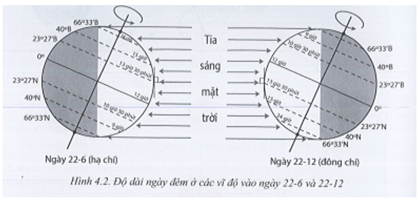 Quan sát hình 4.2 và cho biết tại sao có sự khác nhau về độ dài ngày đêm ở các vĩ độ