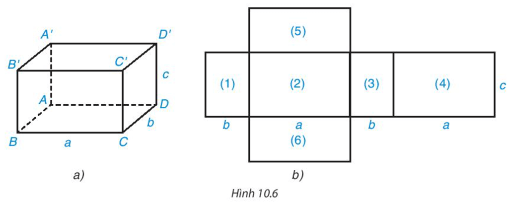 Quan sát hình hộp chữ nhật (H.10.6a) và hình triển khai của nó (H.10.6b)