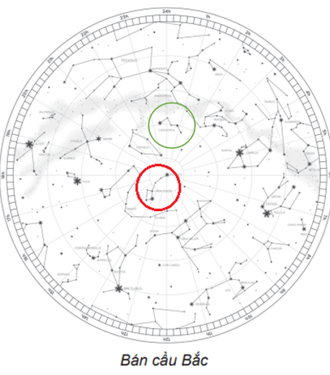 Xác định vị trí các chòm sao Gấu Lớn, Gấu Nhỏ, Thiên Hậu ở bản đồ sao ở nhà trường