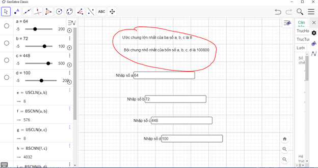 Tạo công cụ tìm ước chung lớn nhất của ba số a, b, c và bội chung nhỏ nhất của bốn số a, b, c, d