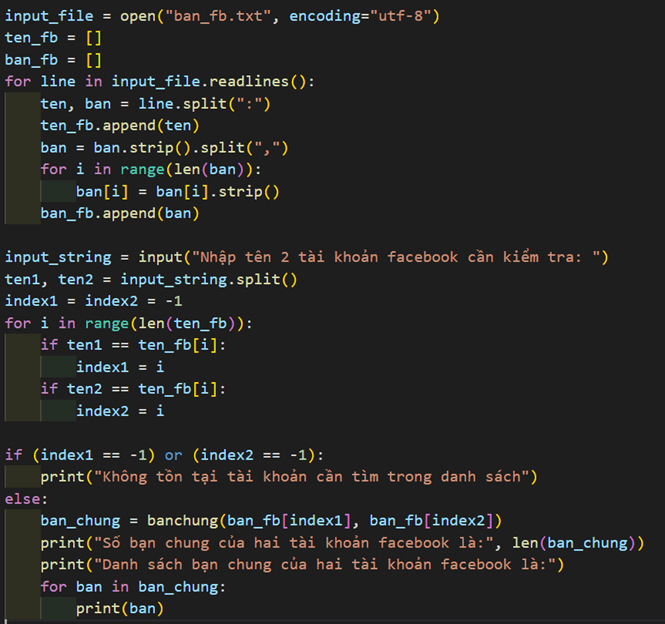 Sửa chương trình trong Nhiệm vụ 1 để in ra được danh sách bạn chung của hai tài khoản