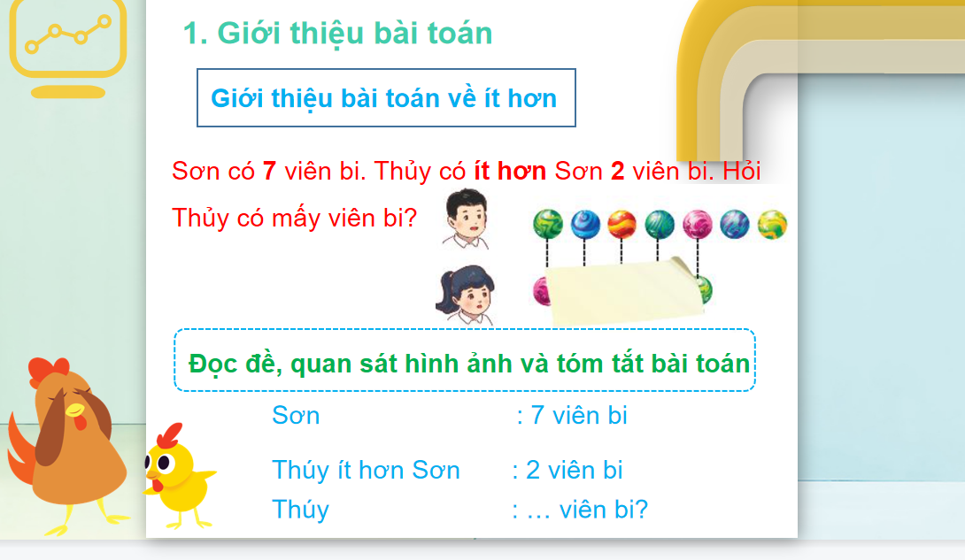 Giáo án điện tử  Bài toán ít hơn| Bài giảng PPT Toán lớp 2 Chân trời sáng tạo (ảnh 1)