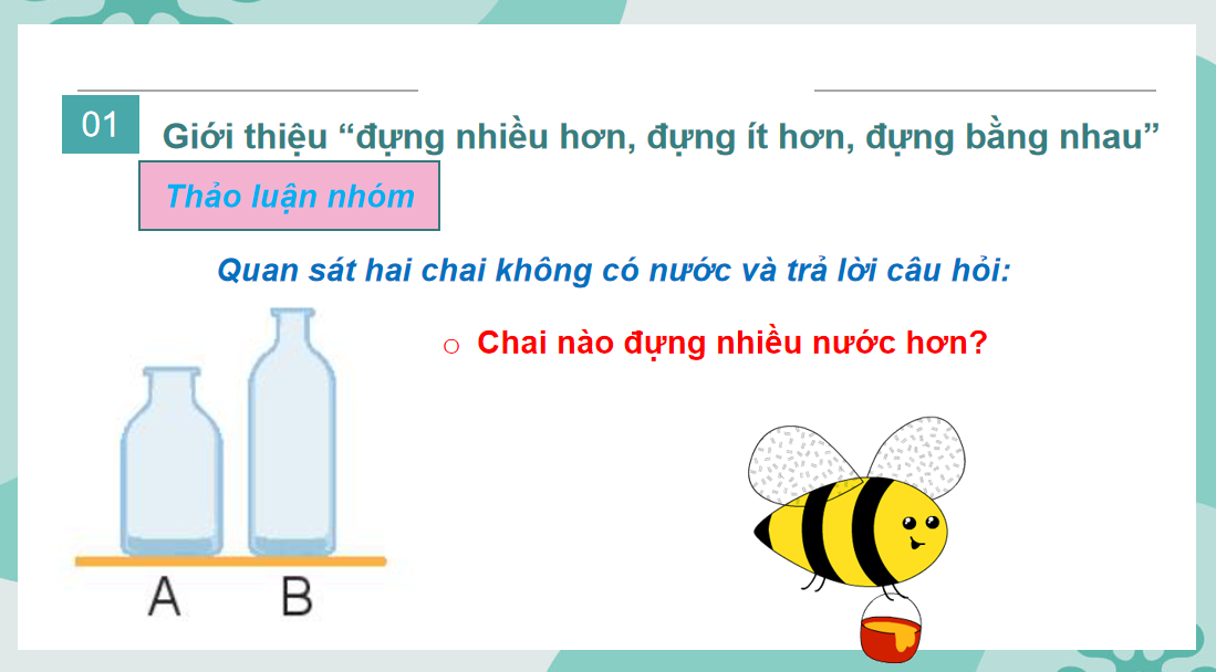 Giáo án điện tử  Đựng nhiều nước, đựng ít nước| Bài giảng PPT Toán lớp 2 Chân trời sáng tạo (ảnh 1)