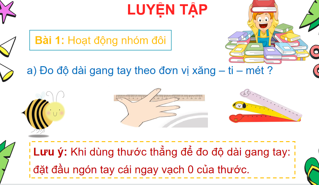 Giáo án điện tử Thực hành và trải nghiệm - Đo bằng gang tay để biết vật dài bao nhiêu mét| Bài giảng PPT Toán lớp 2 Chân trời sáng tạo (ảnh 1)