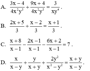 Trắc nghiệm Phép cộng các phân thức đại số có đáp án
