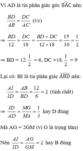 Trắc nghiệm Tính chất đường phân giác của tam giác có đáp án