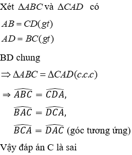 Trắc nghiệm Trường hợp bằng nhau thứ nhất của tam giác: cạnh - cạnh - cạnh (c.c.c)