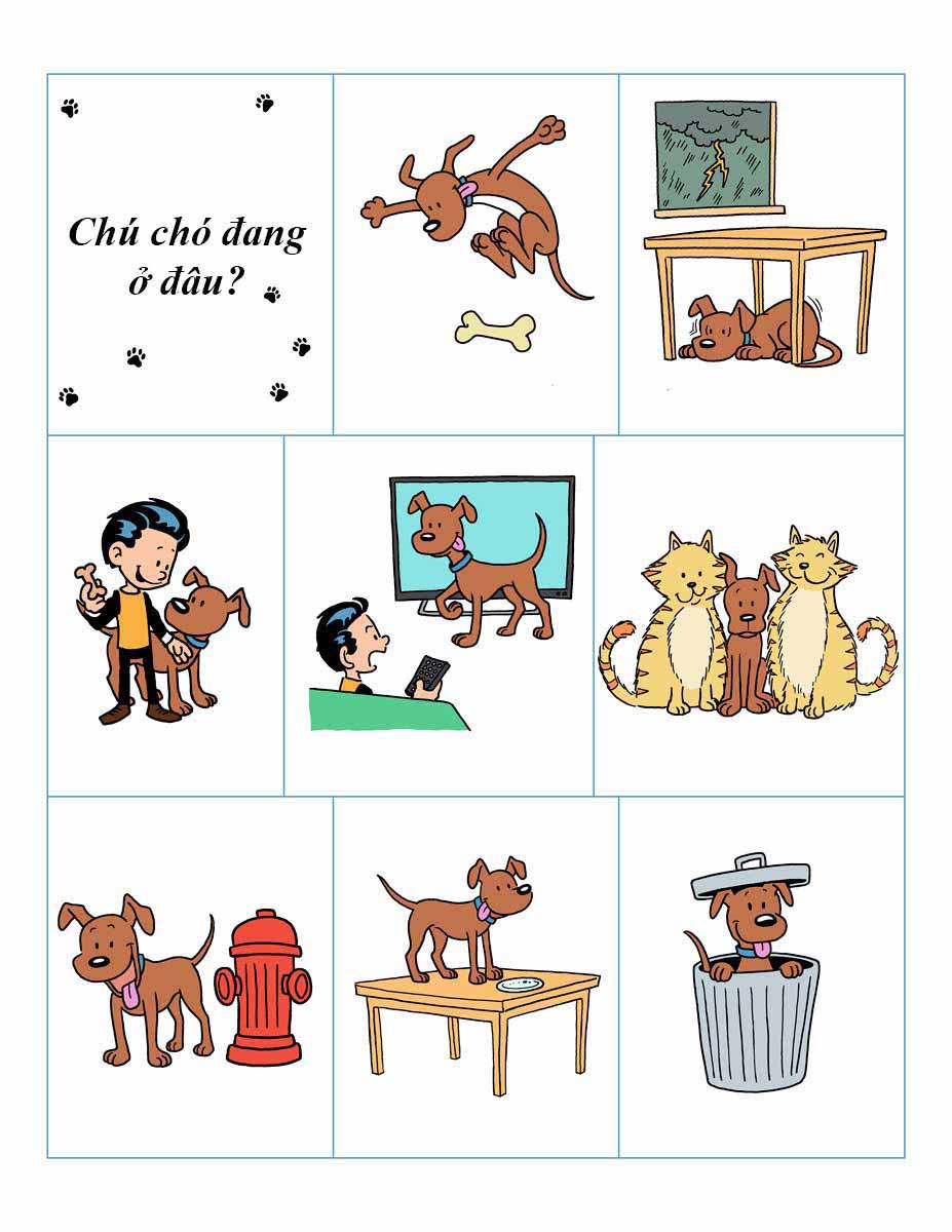 Em hãy nhìn vào bức tranh dưới đây điền các từ trên, dưới, trái, phải, ở giữa, bên trong, phía trước, phía sau vào chỗ chấm: