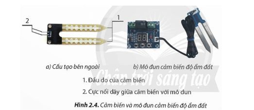 Em hãy mô tả cấu tạo bên ngoài của cảm biến độ ẩm đất ở Hình 2.4a