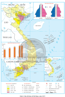 Dựa vào hình 2, hãy xác định trên bản đồ các địa phương có mật độ dân số trên 1000