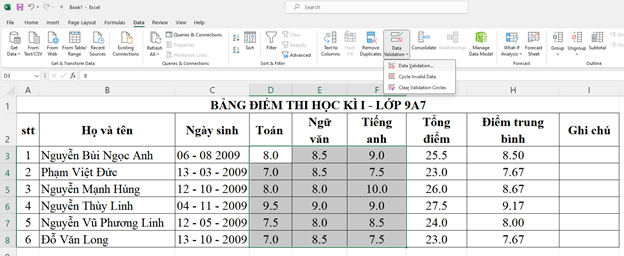 Với bảng điểm trong Hình 1 em hãy thiết lập xác thực dữ liệu cho khối ô điểm