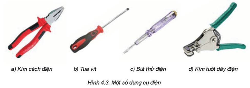 Hãy quan sát hình 4.3 và cho biết Những dụng cụ nào được dùng để lắp đặt mạng điện trong nhà