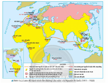 Quan sát Hình 15.2, trình bày hành trình tìm đường cứu nước của Nguyễn Ái Quốc giai đoạn 1911-1920